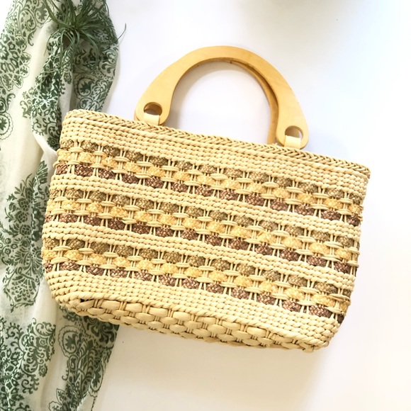 Worthington Handbags - Worthington Straw Taffeta Purse Wood Handles
